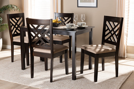 Baxton Studio Caron Modern and Contemporary Sand Fabric Upholstered Espresso Brown Finished Wood 5-Piece Dining Set | Modishstore | Dining Sets
