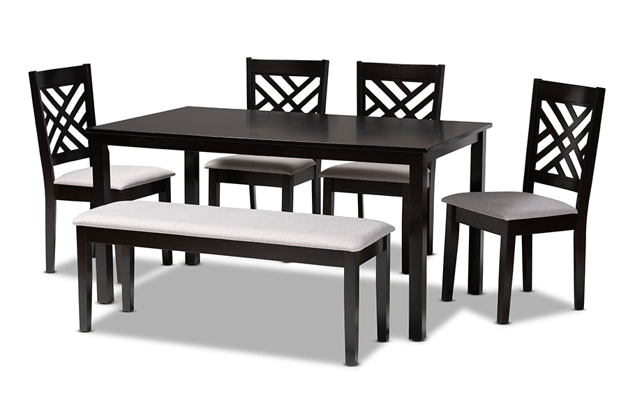 baxton studio gustavo modern and contemporary grey fabric upholstered and dark brown finished wood 6 piece dining set | Modish Furniture Store-2