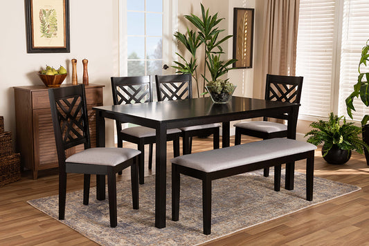 Baxton Studio Gustavo Modern and Contemporary Grey Fabric Upholstered and Dark Brown Finished Wood 6-Piece Dining Set | Modishstore | Dining Sets