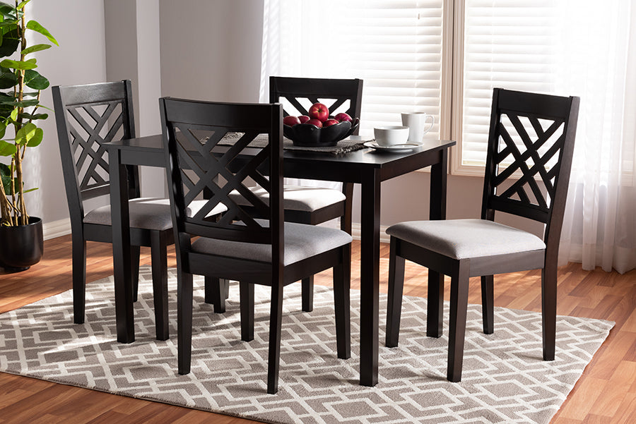 Baxton Studio Caron Modern and Contemporary Gray Fabric Upholstered Espresso Brown Finished Wood 5-Piece Dining Set | Modishstore | Dining Sets