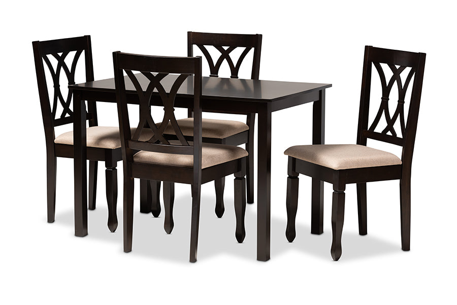 baxton studio reneau modern and contemporary sand fabric upholstered espresso brown finished wood 5 piece dining set | Modish Furniture Store-2