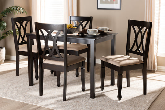 Baxton Studio Reneau Modern and Contemporary Sand Fabric Upholstered Espresso Brown Finished Wood 5-Piece Dining Set | Modishstore | Dining Sets