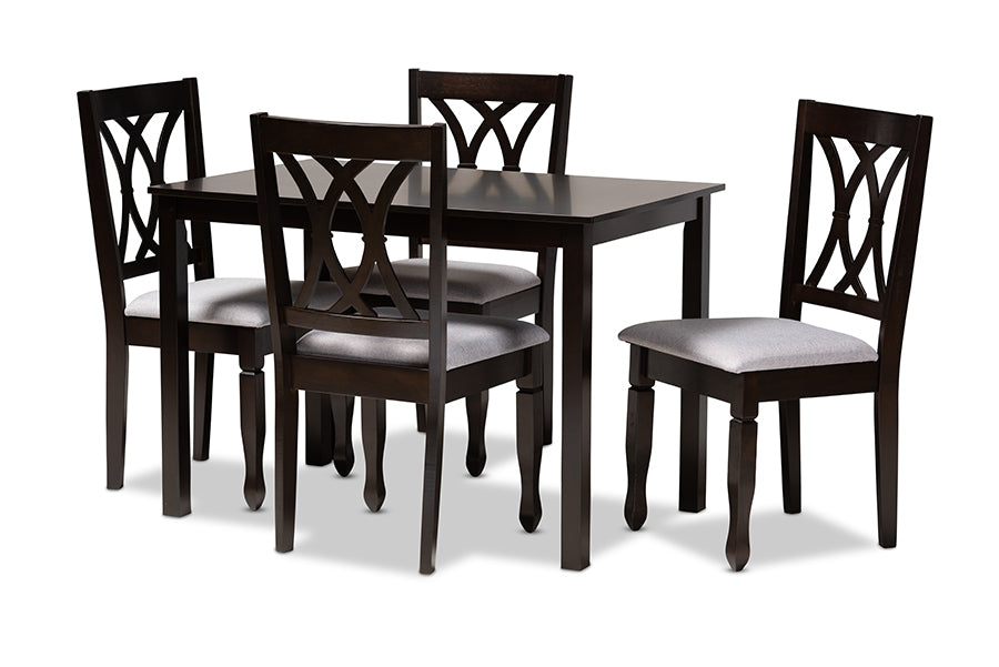 baxton studio reneau modern and contemporary gray fabric upholstered espresso brown finished wood 5 piece dining set | Modish Furniture Store-2