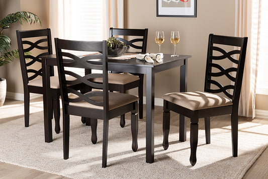 Baxton Studio Lanier Modern and Contemporary Sand Fabric Upholstered Espresso Brown Finished Wood 5-Piece Dining Set | Modishstore | Dining Sets