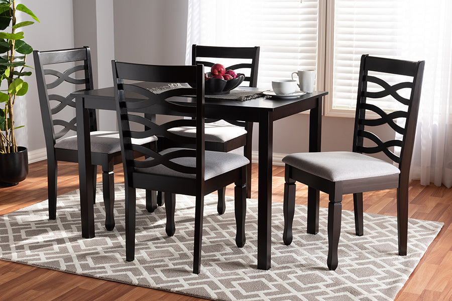 Baxton Studio Lanier Modern and Contemporary Gray Fabric Upholstered Espresso Brown Finished Wood 5-Piece Dining Set | Modishstore | Dining Sets