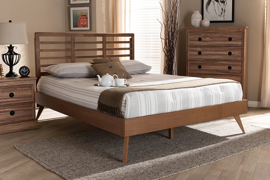 Baxton Studio Calisto Mid-Century Modern Walnut Brown Finished Wood King Size Platform Bed | Modishstore | Beds