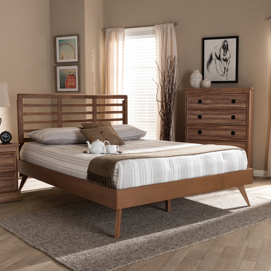Baxton Studio Calisto Mid-Century Modern Walnut Brown Finished Wood Queen Size Platform Bed | Beds | Modishstore