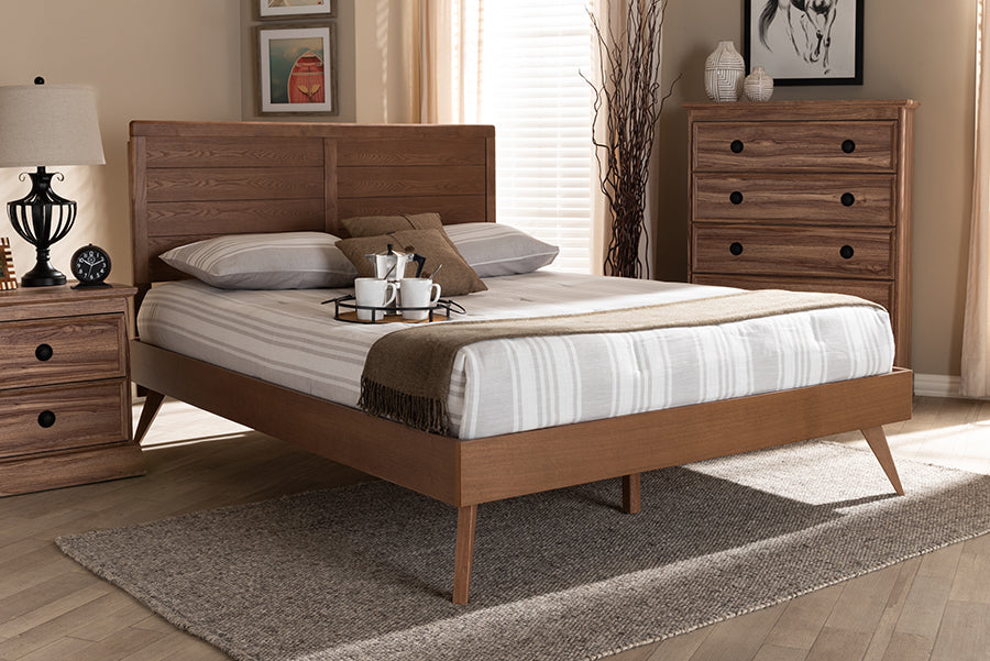 Baxton Studio Artemis Mid-Century Modern Walnut Brown Finished Wood Queen Size Platform Bed | Modishstore | Beds