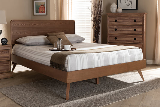 Baxton Studio Demeter Mid-Century Modern Walnut Brown Finished Wood Queen Size Platform Bed | Modishstore | Beds