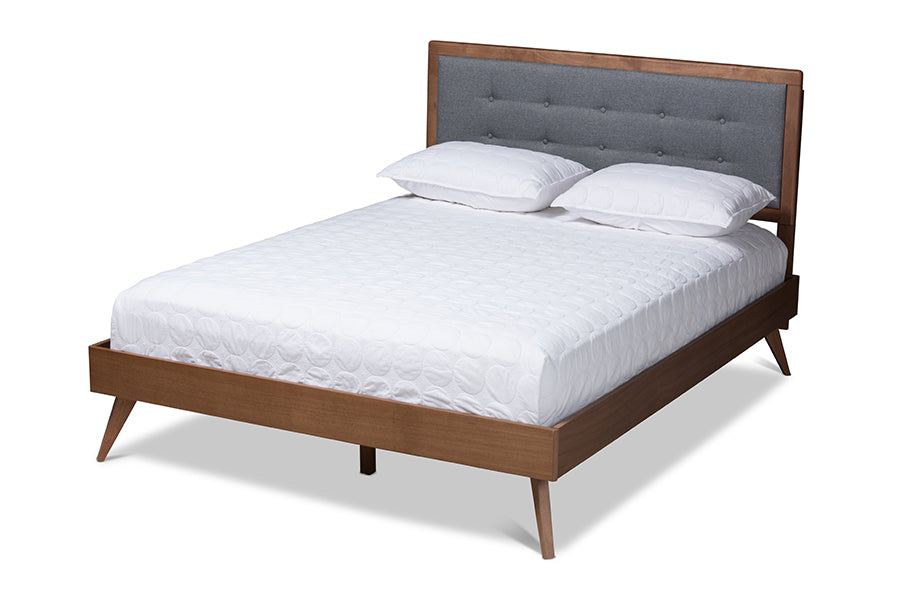 baxton studio ines mid century modern dark grey fabric upholstered walnut brown finished wood king size platform bed | Modish Furniture Store-2