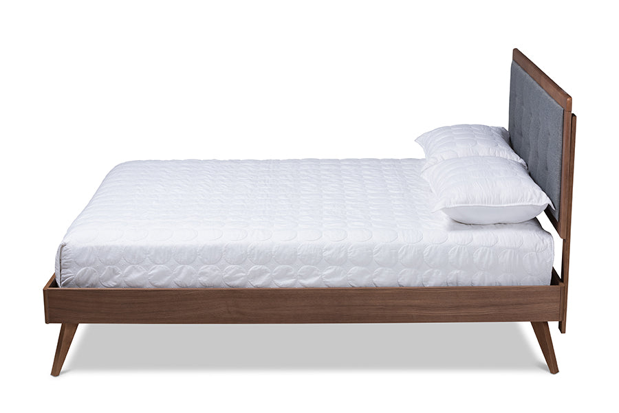 baxton studio ines mid century modern dark grey fabric upholstered walnut brown finished wood king size platform bed | Modish Furniture Store-3