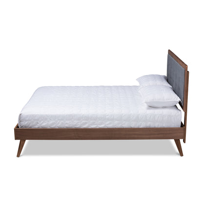 Baxton Studio Ines Mid-Century Modern Dark Grey Fabric Upholstered Walnut Brown Finished Wood Queen Size Platform Bed | Beds | Modishstore - 2