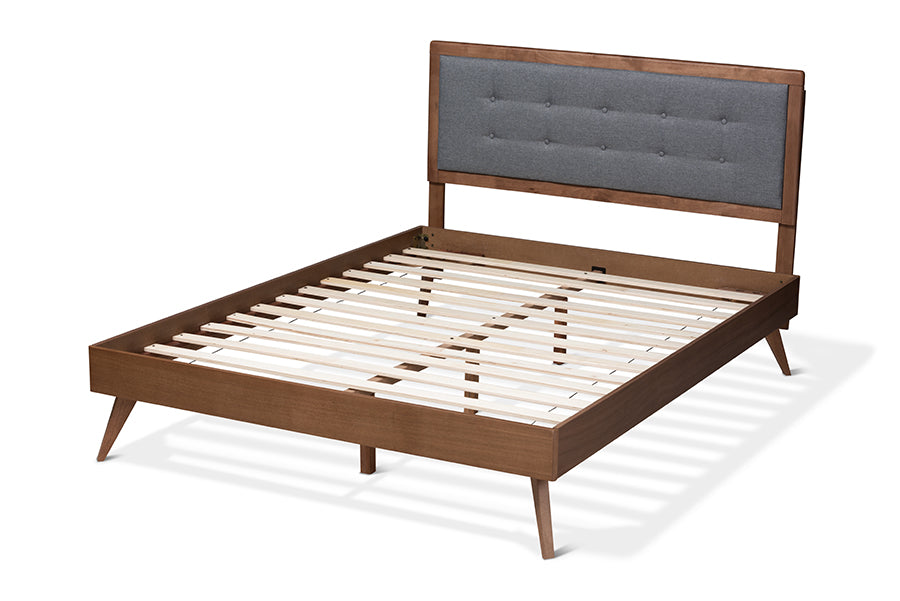 Baxton Studio Ines Mid-Century Modern Dark Grey Fabric Upholstered Walnut Brown Finished Wood Queen Size Platform Bed | Beds | Modishstore - 3