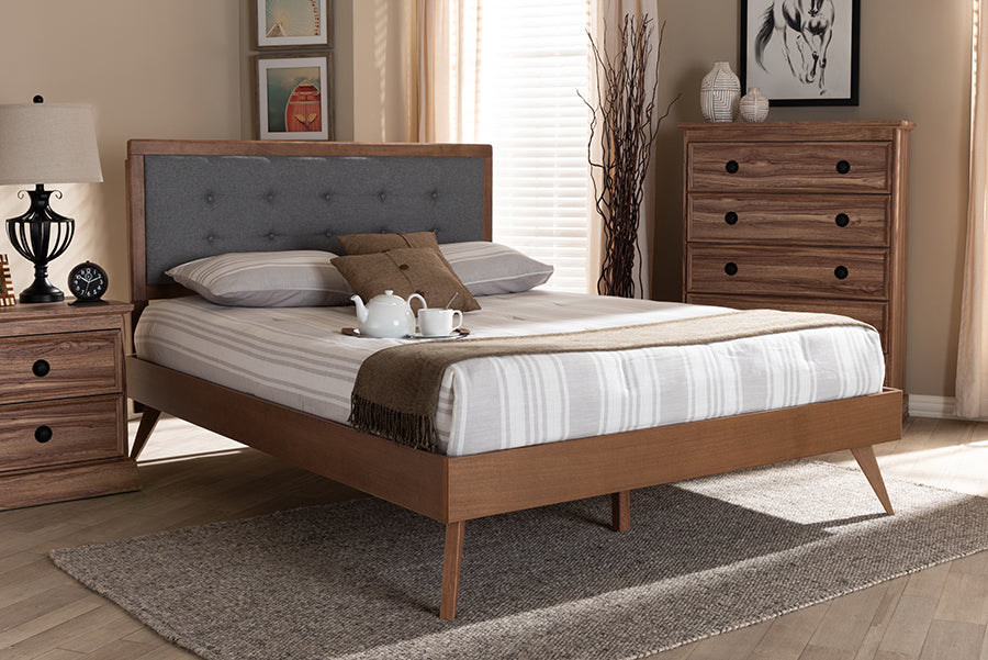 Baxton Studio Ines Mid-Century Modern Dark Grey Fabric Upholstered Walnut Brown Finished Wood Full Size Platform Bed | Modishstore | Beds