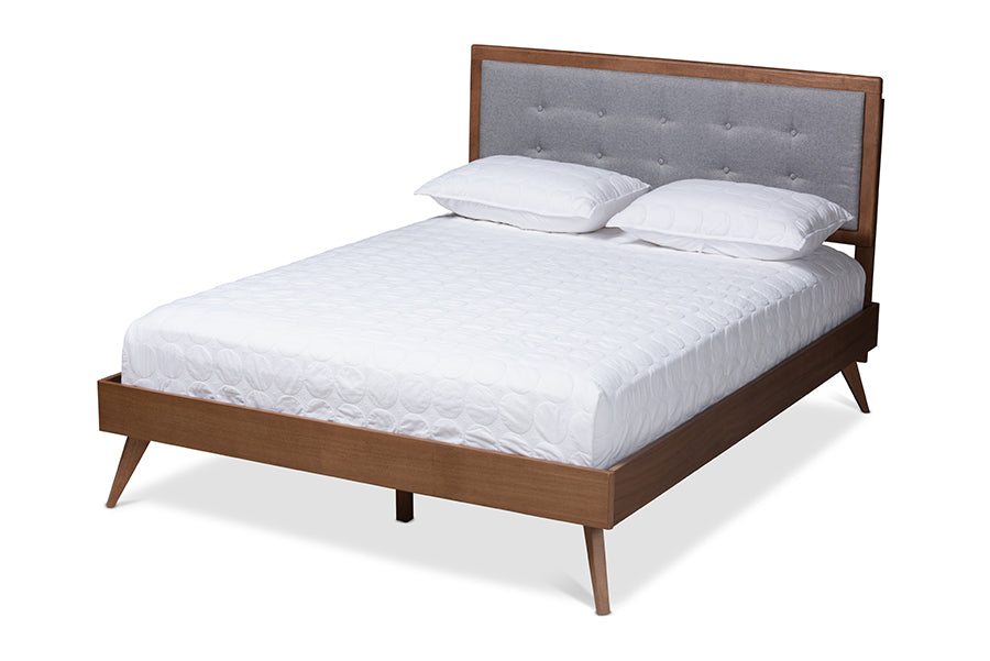 baxton studio ines mid century modern light grey fabric upholstered walnut brown finished wood queen size platform bed | Modish Furniture Store-2