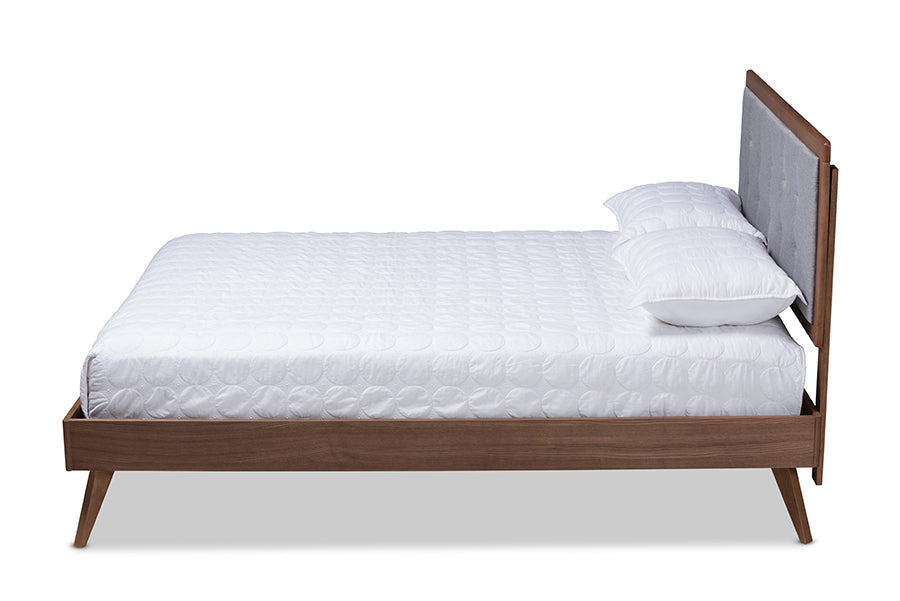baxton studio ines mid century modern light grey fabric upholstered walnut brown finished wood queen size platform bed | Modish Furniture Store-3