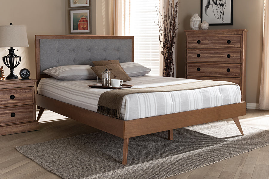 Baxton Studio Ines Mid-Century Modern Light Grey Fabric Upholstered Walnut Brown Finished Wood Queen Size Platform Bed | Modishstore | Beds