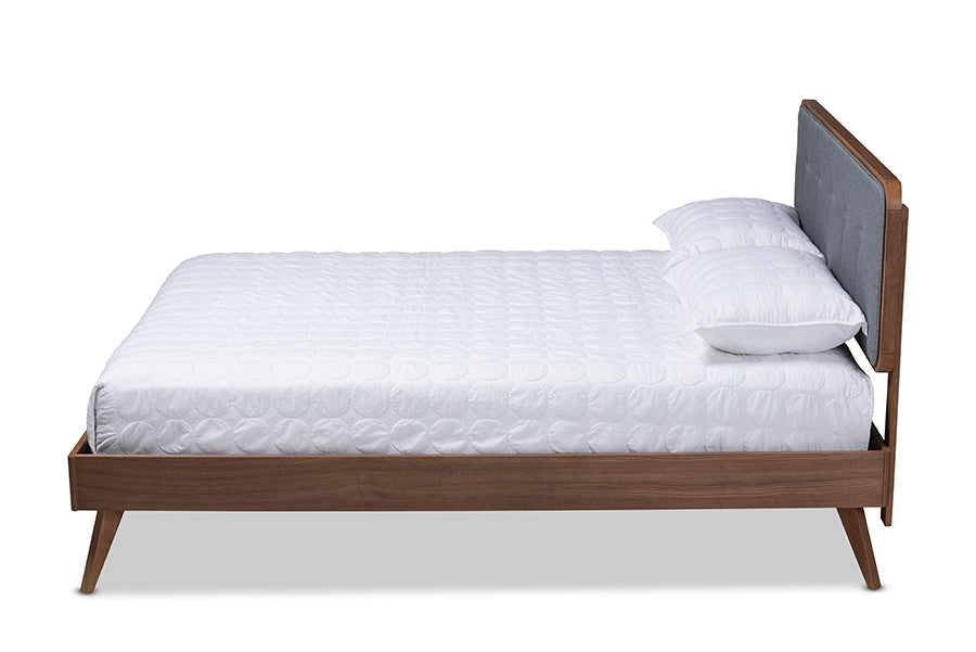 Baxton Studio Dilara Mid-Century Modern Dark Grey Fabric Upholstered Walnut Brown Finished Wood Queen Size Platform Bed | Beds | Modishstore - 4
