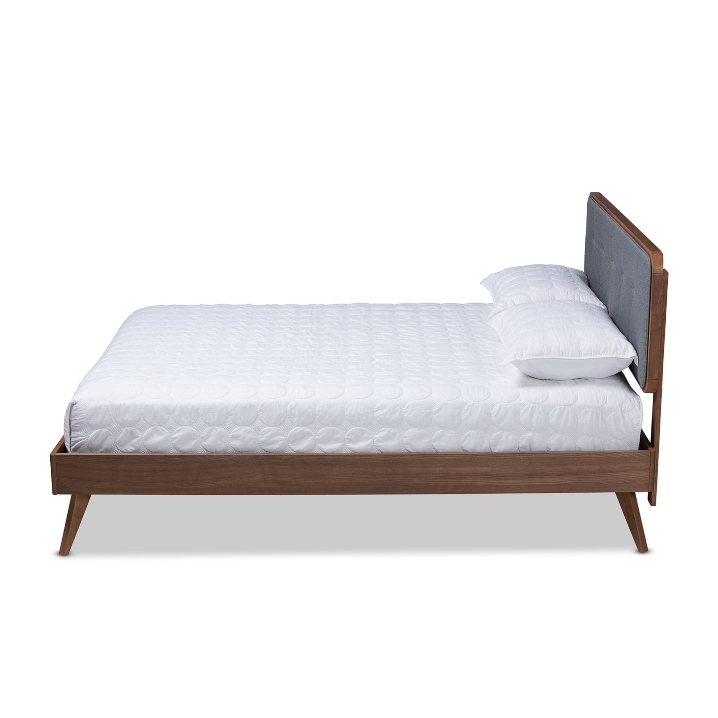 Baxton Studio Dilara Mid-Century Modern Dark Grey Fabric Upholstered Walnut Brown Finished Wood Queen Size Platform Bed | Beds | Modishstore - 2