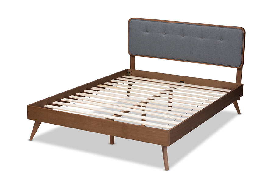 Baxton Studio Dilara Mid-Century Modern Dark Grey Fabric Upholstered Walnut Brown Finished Wood Queen Size Platform Bed | Beds | Modishstore - 5