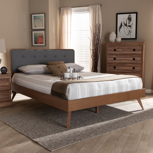 Baxton Studio Dilara Mid-Century Modern Dark Grey Fabric Upholstered Walnut Brown Finished Wood Full Size Platform Bed | Beds | Modishstore