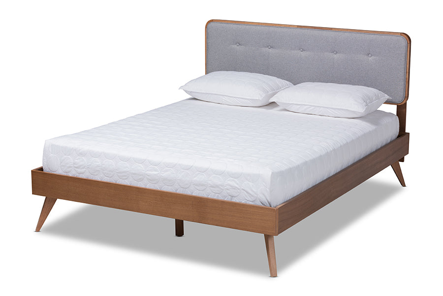 baxton studio dilara mid century modern light grey fabric upholstered walnut brown finished wood king size platform bed | Modish Furniture Store-2