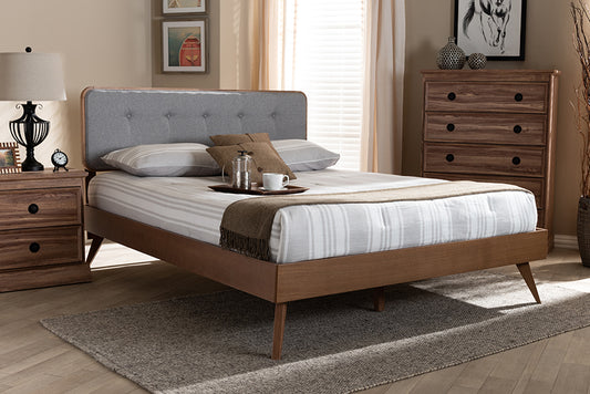 Baxton Studio Dilara Mid-Century Modern Light Grey Fabric Upholstered Walnut Brown Finished Wood King Size Platform Bed | Modishstore | Beds