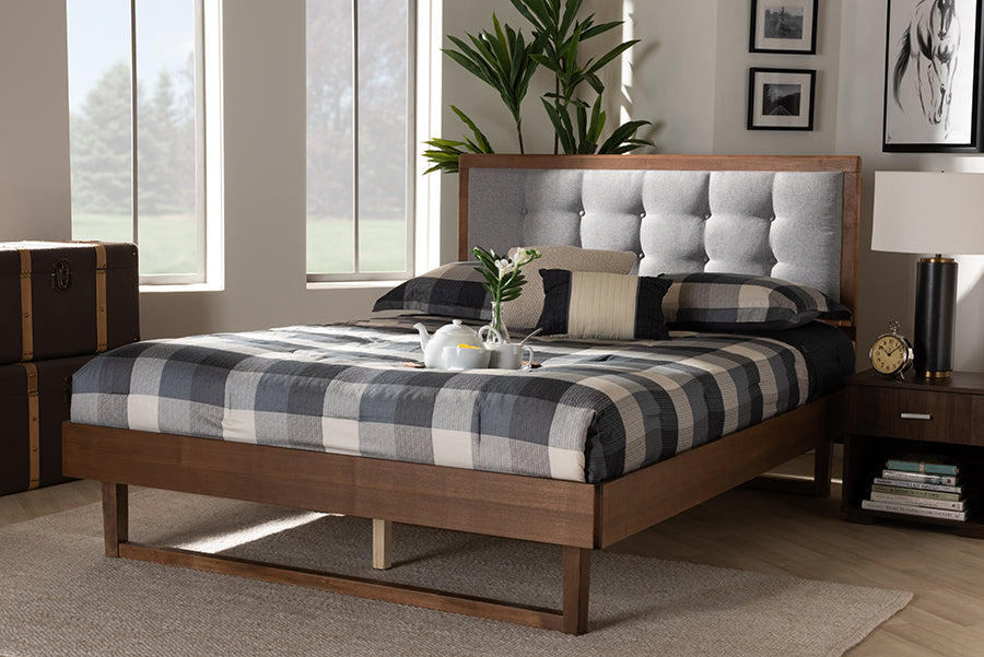 Baxton Studio Viviana Modern and Contemporary Light Grey Fabric Upholstered and Ash Walnut Finished Wood Queen Size Platform Bed | Modishstore | Beds