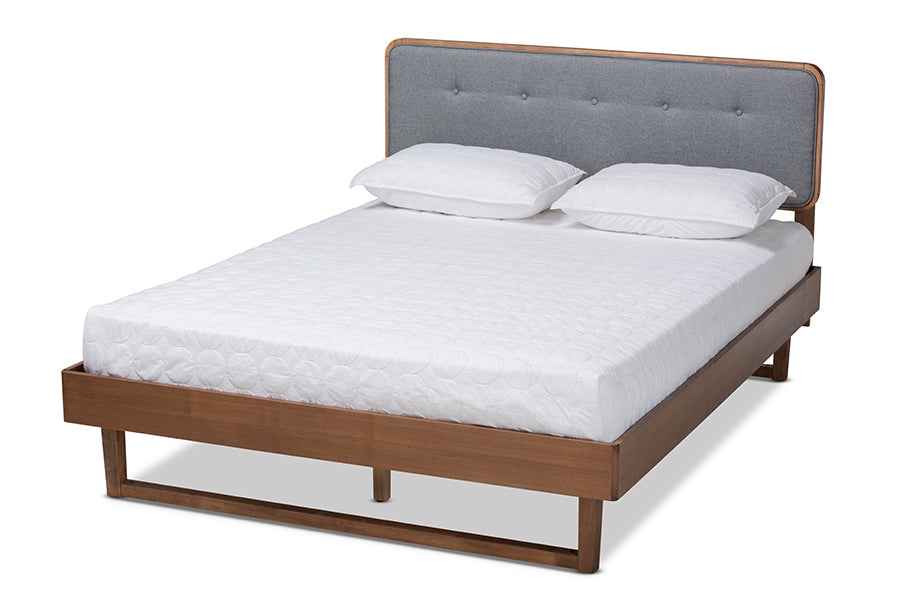 baxton studio natalia mid century modern dark grey fabric upholstered and ash walnut finished wood king size platform bed | Modish Furniture Store-2