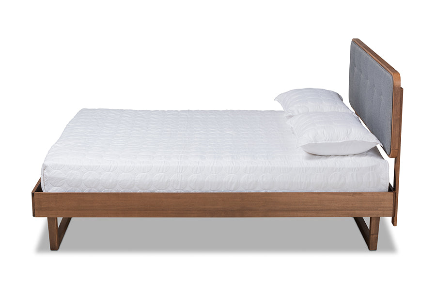 Baxton Studio Natalia Mid-Century Modern Dark Grey Fabric Upholstered and Ash Walnut Finished Wood Queen Size Platform Bed | Beds | Modishstore - 3