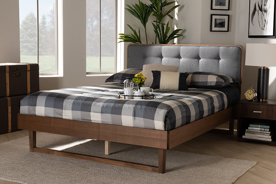 Baxton Studio Natalia Mid-Century Modern Dark Grey Fabric Upholstered and Ash Walnut Finished Wood Queen Size Platform Bed | Beds | Modishstore - 2