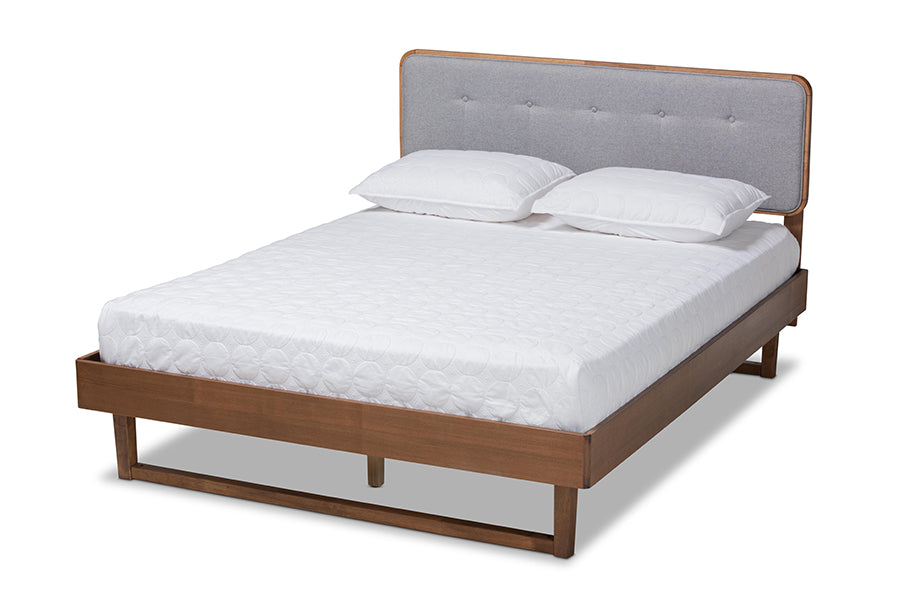 baxton studio natalia mid century modern light grey fabric upholstered and ash walnut finished wood king size platform bed | Modish Furniture Store-2
