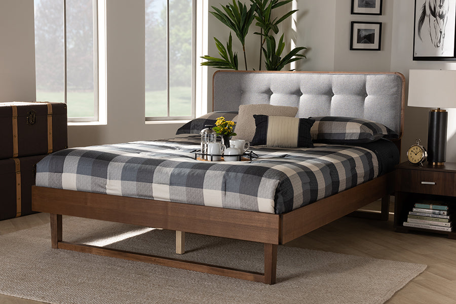 Baxton Studio Natalia Mid-Century Modern Light Grey Fabric Upholstered and Ash Walnut Finished Wood King Size Platform Bed | Modishstore | Beds
