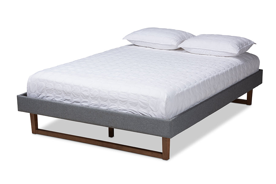 baxton studio liliya mid century modern dark grey fabric upholstered walnut brown finished wood queen size platform bed frame | Modish Furniture Store-2