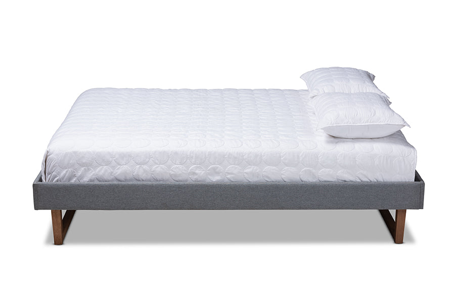 baxton studio liliya mid century modern dark grey fabric upholstered walnut brown finished wood queen size platform bed frame | Modish Furniture Store-3