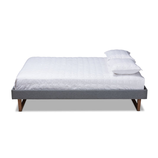 Baxton Studio Liliya Mid-Century Modern Dark Grey Fabric Upholstered Walnut Brown Finished Wood King Size Platform Bed Frame | Beds | Modishstore