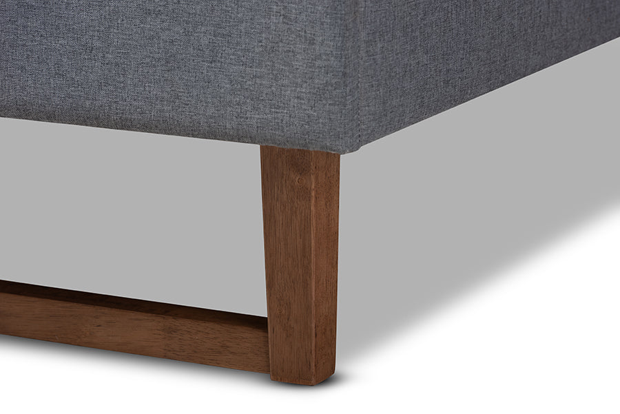 Baxton Studio Liliya Mid-Century Modern Dark Grey Fabric Upholstered Walnut Brown Finished Wood King Size Platform Bed Frame | Beds | Modishstore - 6