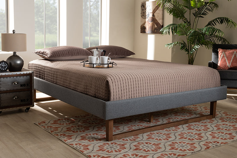 Baxton Studio Liliya Mid-Century Modern Dark Grey Fabric Upholstered Walnut Brown Finished Wood Queen Size Platform Bed Frame | Modishstore | Beds