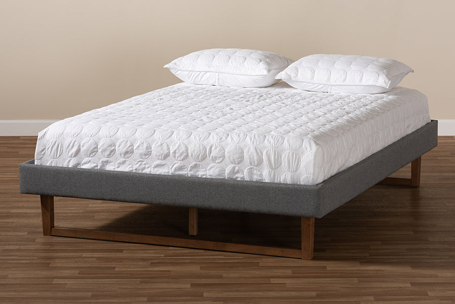 Baxton Studio Liliya Mid-Century Modern Dark Grey Fabric Upholstered Walnut Brown Finished Wood King Size Platform Bed Frame | Beds | Modishstore - 4