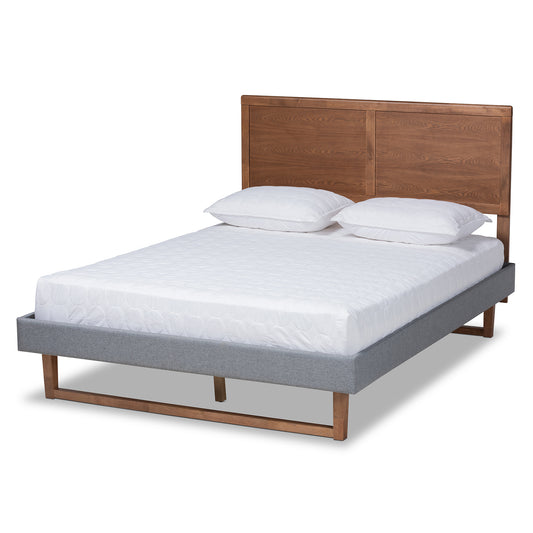 Baxton Studio Allegra Mid-Century Modern Dark Grey Fabric Upholstered and Ash Walnut Brown Finished Wood King Size Platform Bed | Beds | Modishstore