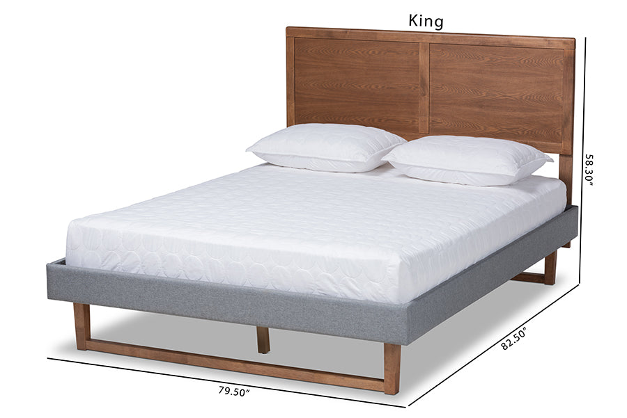 Baxton Studio Allegra Mid-Century Modern Dark Grey Fabric Upholstered and Ash Walnut Brown Finished Wood King Size Platform Bed | Beds | Modishstore - 7