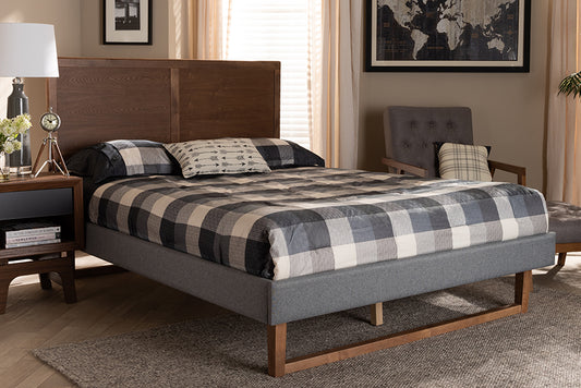 Baxton Studio Allegra Mid-Century Modern Dark Grey Fabric Upholstered and Ash Walnut Brown Finished Wood Full Size Platform Bed | Beds | Modishstore