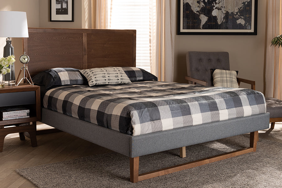 Baxton Studio Allegra Mid-Century Modern Dark Grey Fabric Upholstered and Ash Walnut Brown Finished Wood King Size Platform Bed | Beds | Modishstore - 2