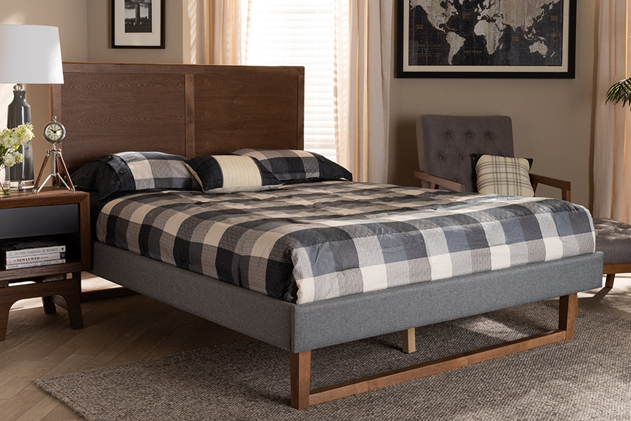 Baxton Studio Allegra Mid-Century Modern Dark Grey Fabric Upholstered and Ash Walnut Brown Finished Wood Queen Size Platform Bed | Modishstore | Beds