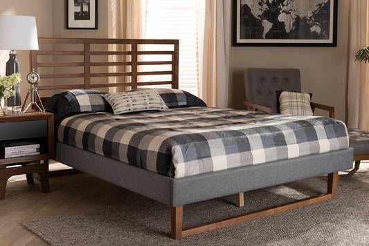 Baxton Studio Rina Modern and Contemporary Dark Grey Fabric Upholstered and Ash Walnut Brown Finished Wood King Size Platform Bed | Modishstore | Beds