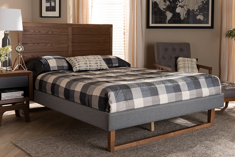Baxton Studio Gabriela Rustic Modern Dark Grey Fabric Upholstered and Ash Walnut Brown Finished Wood Queen Size Platform Bed | Modishstore | Beds