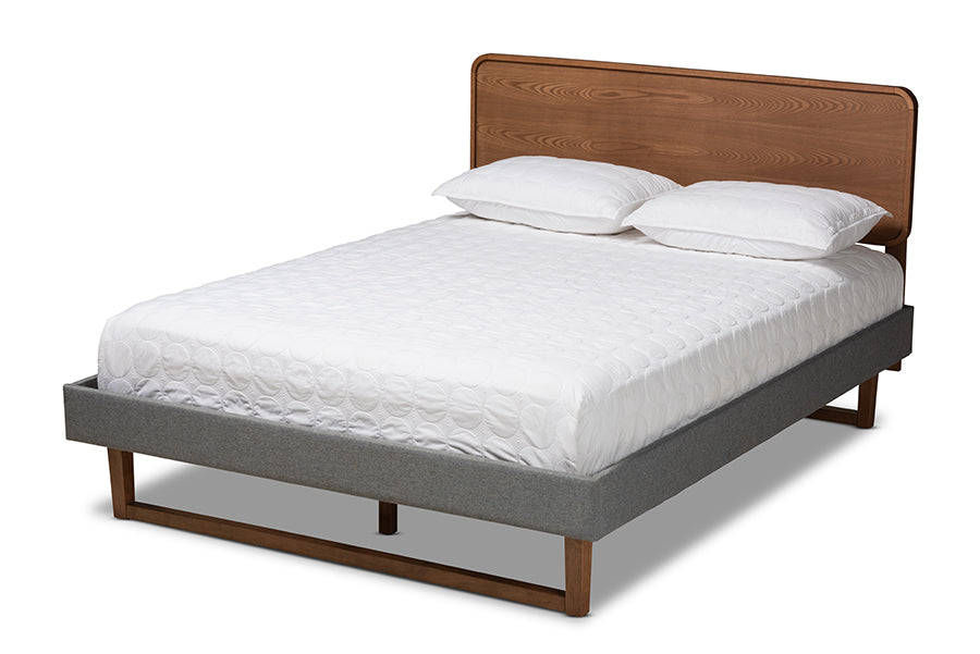 baxton studio ayla mid century modern dark grey fabric upholstered walnut brown finished wood full size platform bed | Modish Furniture Store-2