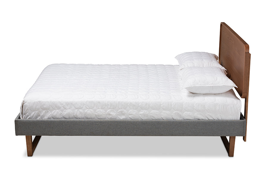 baxton studio ayla mid century modern dark grey fabric upholstered walnut brown finished wood king size platform bed | Modish Furniture Store-3