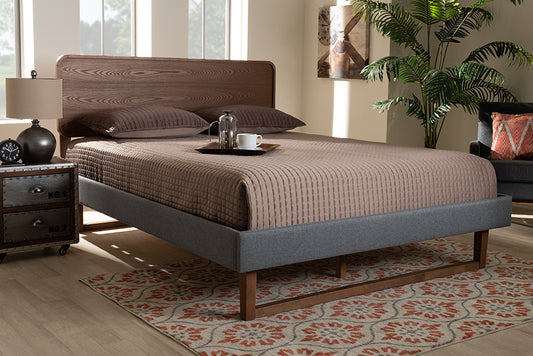 Baxton Studio Ayla Mid-Century Modern Dark Grey Fabric Upholstered Walnut Brown Finished Wood Queen Size Platform Bed | Modishstore | Beds