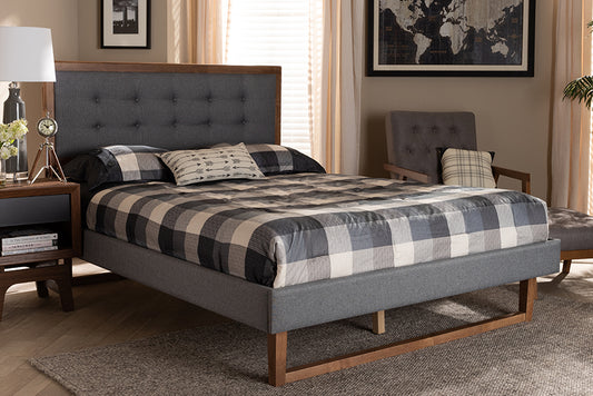 Baxton Studio Emele Modern Transitional Dark Grey Fabric Upholstered and Ash Walnut Brown Finished Wood Queen Size Platform Bed | Beds | Modishstore